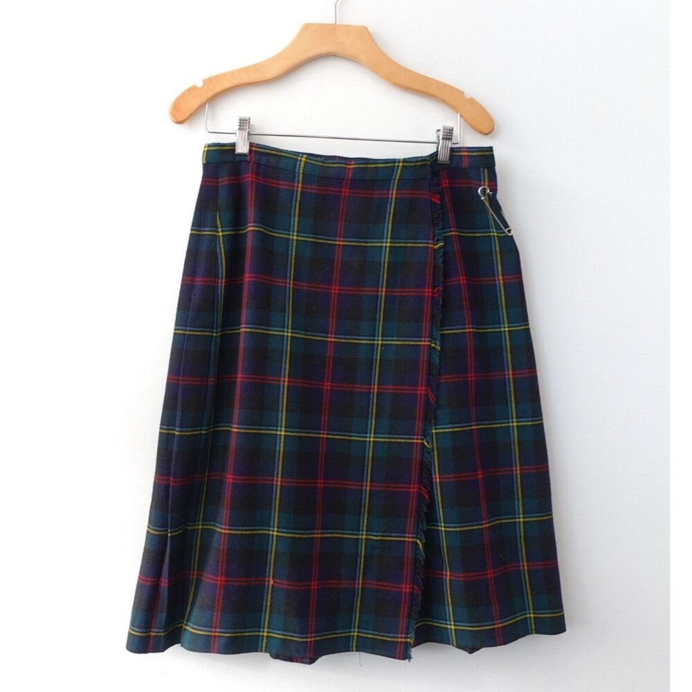 Scottish Wrap Kilt Skirt Womens M Blue Academia Wool Tartan Pleat ST MICHAEL UK